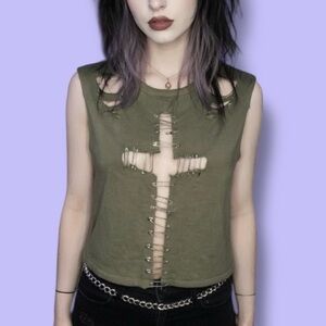 Cursed Kitty HandMade “Sacred Scratch” Olive Green Grunge Safety Pin Crop Top